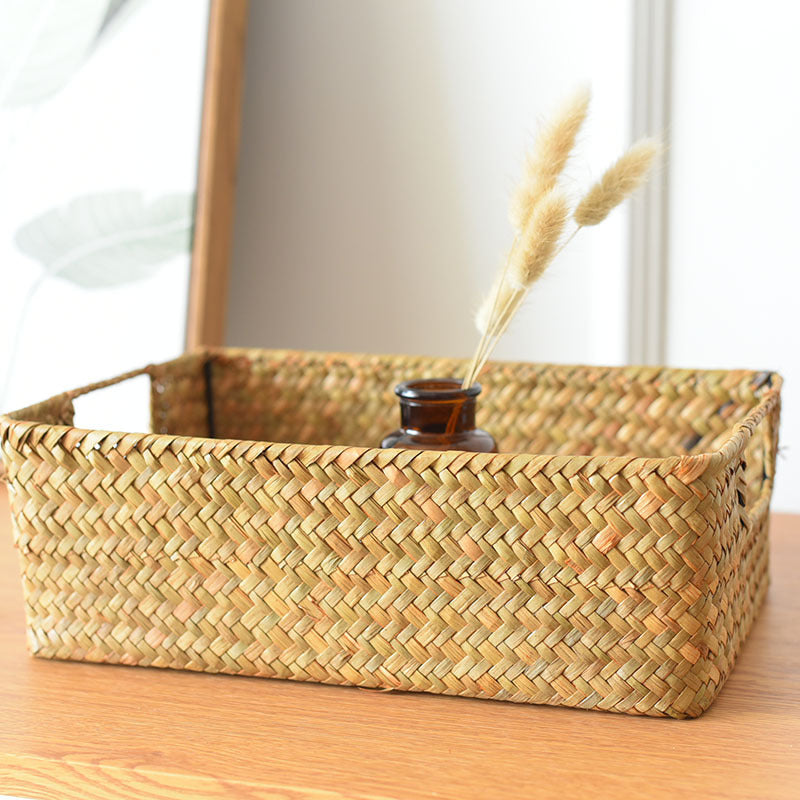 Straw Woven Rectangular Storage Baskets for Home Decor