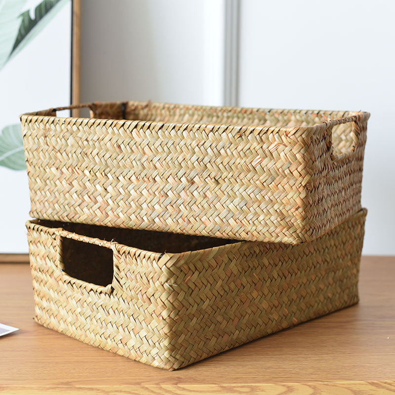 Straw Woven Rectangular Storage Baskets for Home Decor