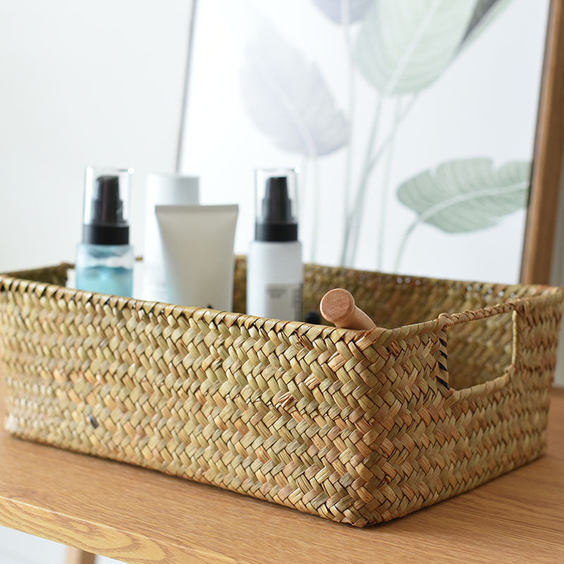 Straw Woven Rectangular Storage Baskets for Home Decor