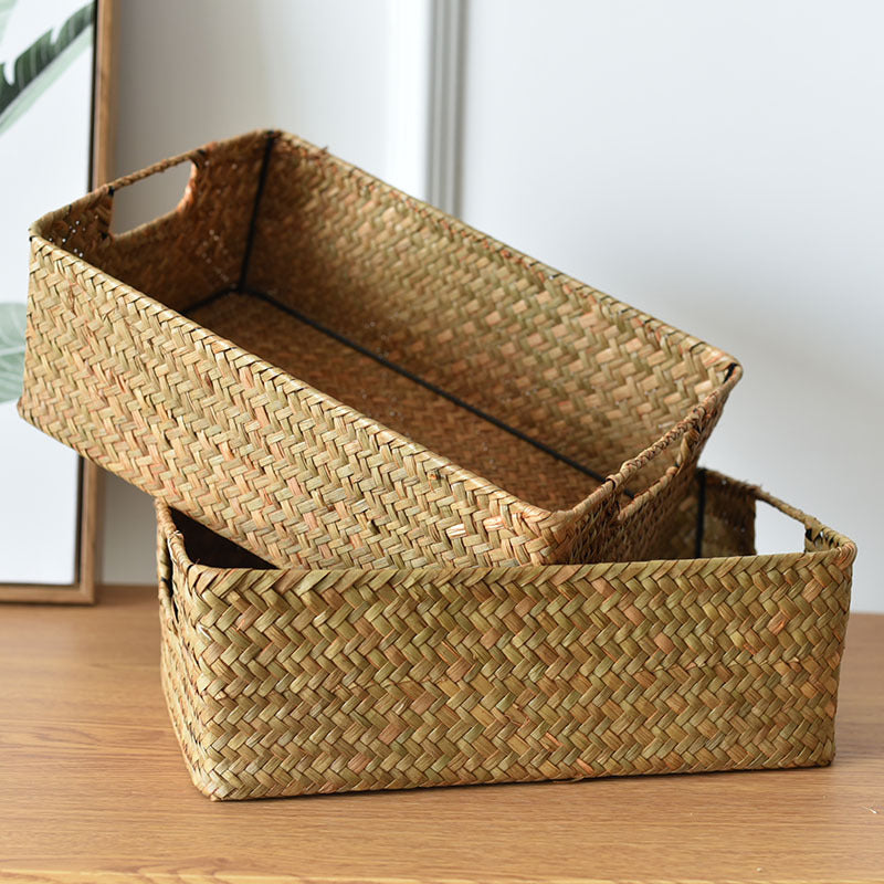 Straw Woven Rectangular Storage Baskets for Home Decor